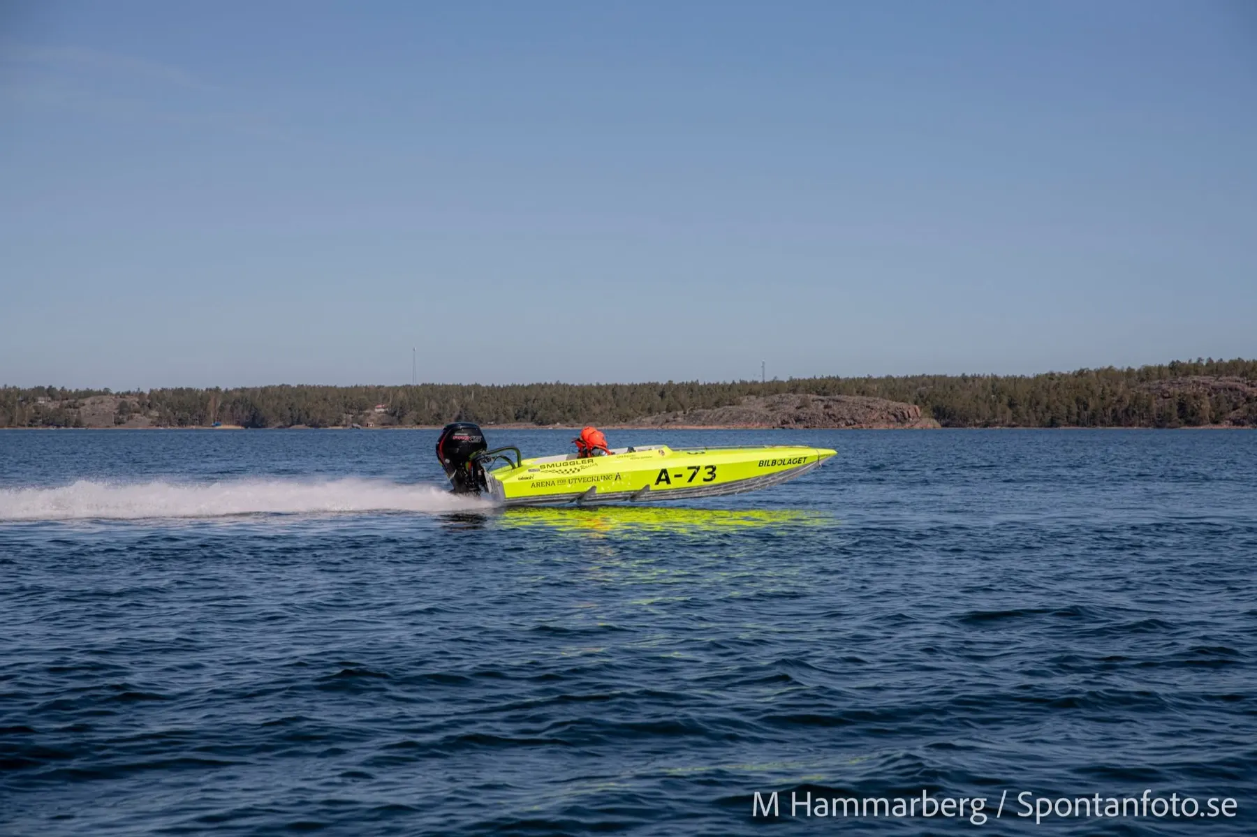 A-73, a Smuggler RS, at full speed in the archipelago